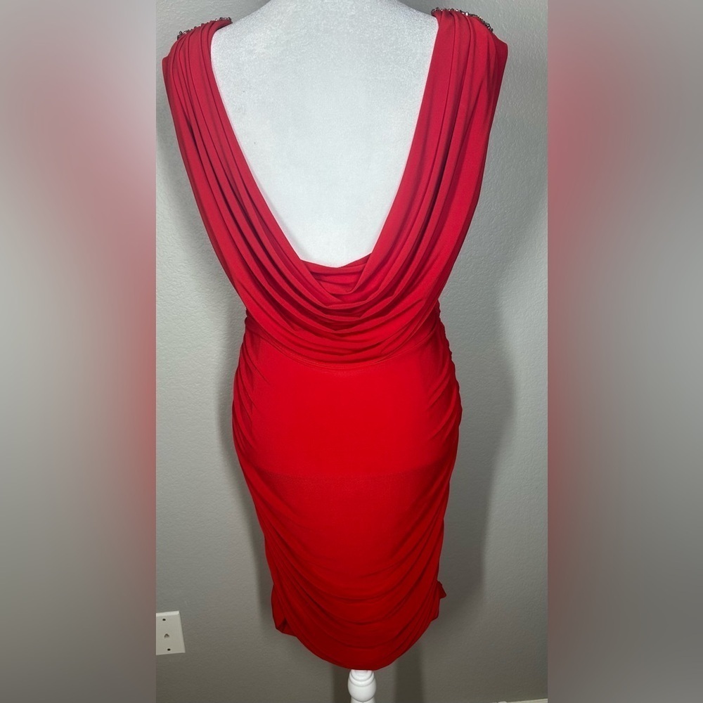 JS Boutique Red Rhinestone Embellished Ruched Cocktail Holiday Dress Size 12 - Picture 9 of 15